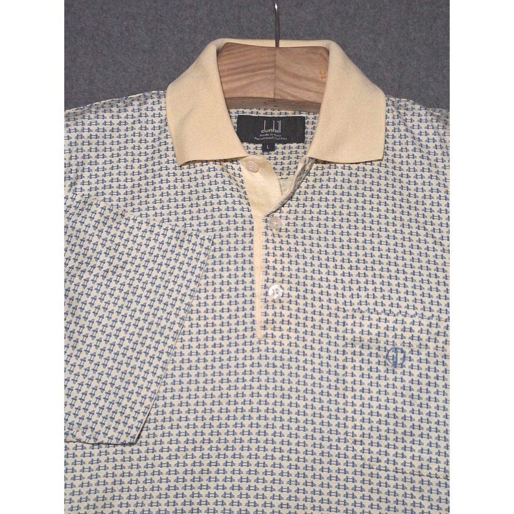 Dunhill Polo Shirt Mens L Yellow Blue Geometric Mercerized Cotton Made in Italy